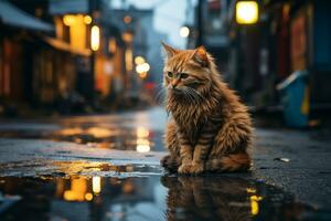 een oranje kat zittend Aan de grond in de regen generatief ai foto
