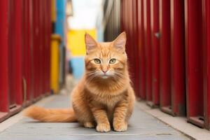een oranje gestreept kat zittend in voorkant van een rood muur generatief ai foto