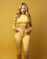 mooi blond vrouw in geel kleding poseren Aan geel achtergrond generatief ai foto