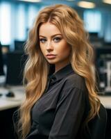portret van een mooi blond vrouw in een kantoor voorraad foto generatief ai