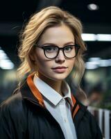 portret van een mooi jong vrouw vervelend bril in een kantoor voorraad foto generatief ai
