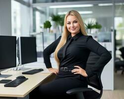 portret van glimlachen zakenvrouw zittend Bij haar bureau in modern kantoor voorraad foto generatief ai