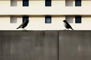twee vogelstand zittend Aan de rand van een muur in voorkant van een gebouw generatief ai foto