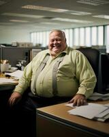 een dik Mens zittend Bij een bureau in een kantoor generatief ai foto