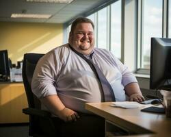 een dik Mens zittend Bij een bureau in voorkant van een computer generatief ai foto