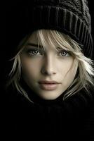 een mooi blond vrouw in een zwart hoed en sjaal generatief ai foto