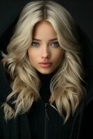 een mooi blond vrouw in een zwart capuchon generatief ai foto