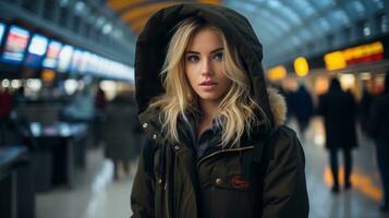 een mooi blond vrouw in een parka Bij een luchthaven generatief ai foto