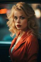 een mooi blond vrouw in een rood jurk zittend in de terug stoel van een auto generatief ai foto