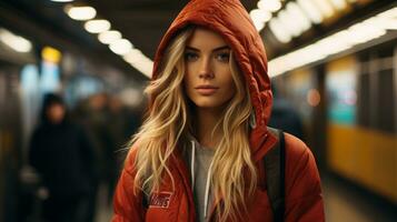 een mooi blond vrouw in een rood capuchon staand in voorkant van een metro trein generatief ai foto