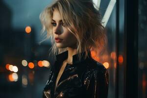 een mooi blond vrouw in een glimmend zwart jurk staand in voorkant van een venster Bij nacht generatief ai foto
