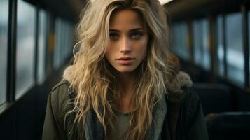 een mooi blond vrouw zittend Aan een trein op zoek Bij de camera generatief ai foto