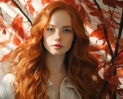 een mooi rood haren vrouw met lang rood haar- generatief ai foto