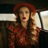 een mooi vrouw in een rood hoed zittend in de terug van een oud auto generatief ai foto