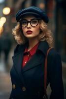 een mooi vrouw in bril en een hoed poseren Aan de straat generatief ai foto