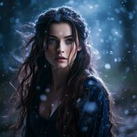 een mooi vrouw in de sneeuw met lang haar- generatief ai foto