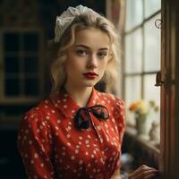 een mooi jong vrouw in een rood polka punt jurk staand door de venster generatief ai foto