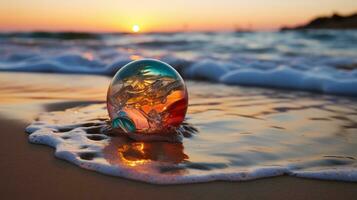 een kleurrijk glas bal zit Aan de strand Bij zonsondergang generatief ai foto