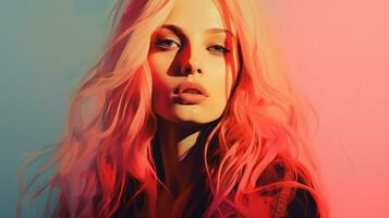 een digitaal schilderij van een vrouw met roze haar- generatief ai foto