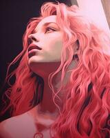 een digitaal schilderij van een vrouw met roze haar- generatief ai foto