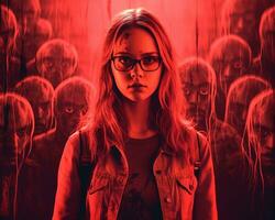 een meisje met bril staand in voorkant van een menigte van zombies generatief ai foto