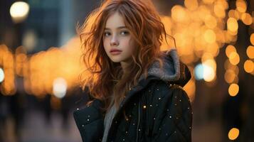 een meisje met rood haar- staand in voorkant van een stad Bij nacht generatief ai foto