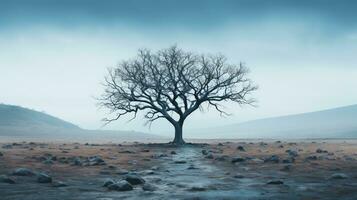 een eenzaam boom staat in de midden- van een veld- generatief ai foto