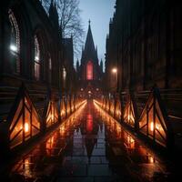 een lang loopbrug bekleed met lit kaarsen in voorkant van een kerk generatief ai foto