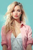een schilderij van een mooi blond vrouw in een roze overhemd generatief ai foto
