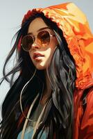 een schilderij van een vrouw vervelend zonnebril en een oranje jasje generatief ai foto