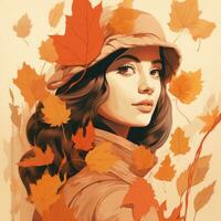 een schilderij van een vrouw met herfst bladeren in haar haar- generatief ai foto