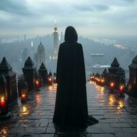 een persoon in een zwart mantel staand Aan een richel met uitzicht een stad generatief ai foto
