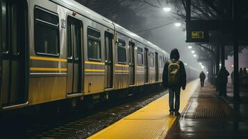 een persoon staand De volgende naar een trein Aan een mistig platform generatief ai foto