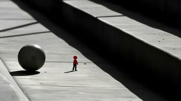 een rood figuur staat in voorkant van een groot bal generatief ai foto