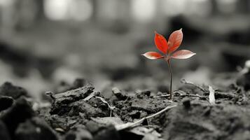 een rood blad spruiten van de grond in een zwart en wit foto generatief ai