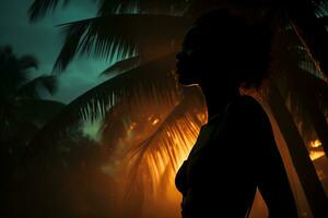 een silhouet van een vrouw staand in voorkant van palm bomen Bij zonsondergang generatief ai foto