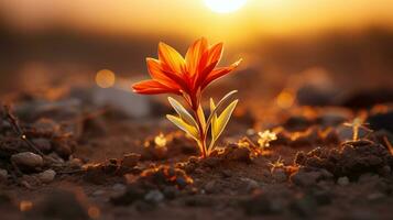 een single oranje bloem groeit uit van de grond in voorkant van de zon generatief ai foto