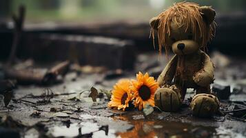 een teddy beer zittend Aan de grond De volgende naar sommige bloemen generatief ai foto