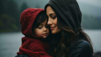 een vrouw Holding haar kind in voorkant van een meer generatief ai foto
