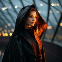 een vrouw in een zwart mantel staand in voorkant van een gebouw Bij nacht generatief ai foto