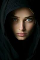 een vrouw in een zwart sluier met groen ogen generatief ai foto