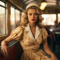 een vrouw in een jurk zittend Aan een trein generatief ai foto