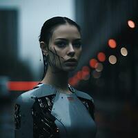 een vrouw in een futuristische pak staand in de regen generatief ai foto