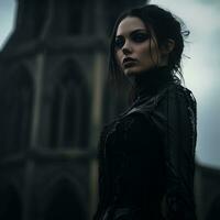 een vrouw in een gotisch kleding staand in voorkant van een kerk generatief ai foto