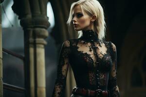 een vrouw in een gotisch kleding staand in voorkant van een kerk generatief ai foto
