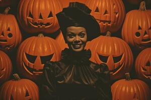 een vrouw in een halloween kostuum omringd door pompoenen generatief ai foto