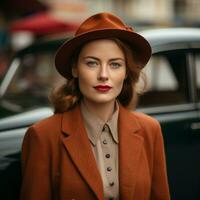 een vrouw in een hoed en jas staand in voorkant van een auto generatief ai foto