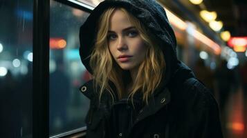 een vrouw in een met een kap jasje staand Aan een metro platform Bij nacht generatief ai foto