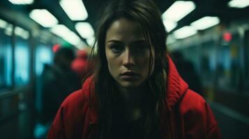een vrouw in een rood jasje staand in een metro generatief ai foto