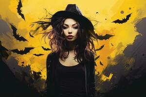 een vrouw in een heks hoed met vleermuizen vliegend in de omgeving van haar generatief ai foto
